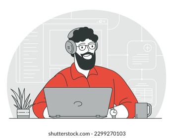Flat thin line vector concept of Technical customer support assistant. Customer service, hotline operator advises customer, online.