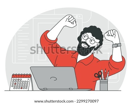 Flat thin line vector concept of completed task. Man rejoices in front of laptop, manager has fulfilled a goal. Successful deal and positive feedback receiving. Stock photo © 