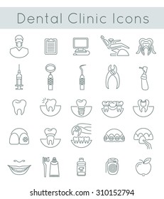 Flat thin line vector conceptual icons of dental clinic services, stomatology, dentistry, orthodontics, oral health care and hygiene, tooth restoration and instruments. Linear design elements