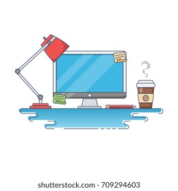 Flat thin line vector illustration of Creative Workspace