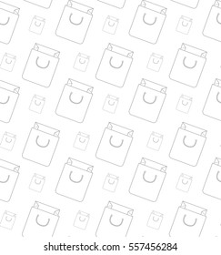 Flat thin linear basket seamless pattern for your website. Modern background for web retail. Grey rope handled shopping package in different sizes on white