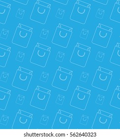 Flat thin linear basket seamless pattern for your website. Modern background for web retail. White rope handled shopping package in different sizes on blue