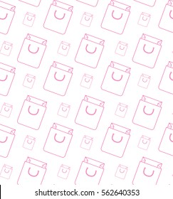 Flat thin linear basket seamless pattern for your website. Modern background for web retail. Pink rope handled shopping package in different sizes