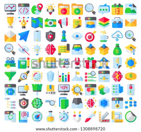 Flat Think Creative Icon Set. Contain 90 icons such as StartUp, Setting, Landing Page, SEO, Brainstorm and more. 24x24 pixel perfect.