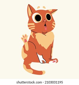 Flat thoughtful tabby sitting cat isolated on white background. Cute funny red kitten. Animal pensive character. Flat style vector illustration.