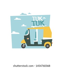 Flat three-wheeled tuk tuk. Transport in Thailand. Side view. Vector illustration.