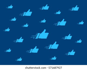 Flat thumbs up symbols on blue background. Networks concept for social media banners. Vector composition with white like cloud