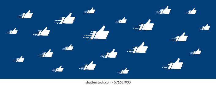 Flat thumbs up symbols on blue background. Networks concept for social media banners. Vector composition with white like cloud