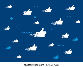 Flat thumbs up symbols on blue background. Networks concept for social media banners. Vector composition with white like cloud