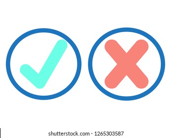 Flat tick and cross signs. Check mark Mint OK and coral X icons in blue round boxes, isolated on white. Marks graphic design. Symbols YES and NO button for vote, decision, web. Vector illustration