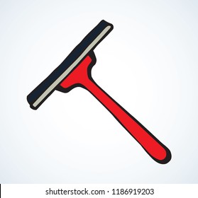 Flat tidy swab wiper on white windshield backdrop. Bright red color hand drawn worker duster object logo emblem pictogram sketchy in art modern doodle cartoon style on space for text. Close up view