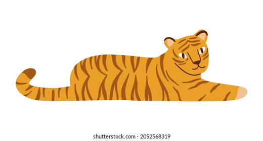 flat tiger drawn by hands in a supine position. cute colorful chinese tiger. vector illustration isolated on white background