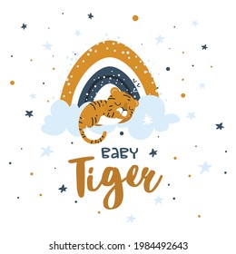 El tigre plano duerme en las nubes con arco iris. Ilustración del concepto de animal para lactantes, carácter para niños