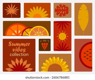 Flat tiles with floral and fruit design elements, summer vibes, minimalist abstract design. Vector art, icons and symbols.