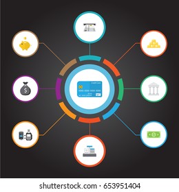 Flat Till, Payment, Ingot And Other Vector Elements. Set Of Banking Flat Symbols Also Includes Payment, Ingot, Sack Objects.