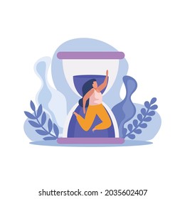 Flat time management concept icon with hourglass and human character vector illustration