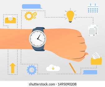 Flat time management concept with watches on male hand various planning and working time organization icons. Vector illustration