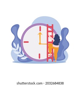 Flat time management success concept with clock and female character climbing ladder vector illustration