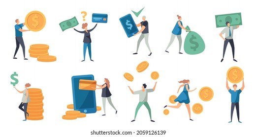 Flat tiny characters paying with money, card and phone. People holding cash, bill and coins. Refund, exchange and payment vector concept set. Financial concept, investing earning or income