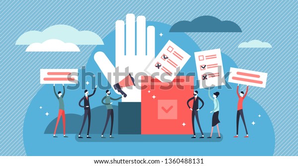 Flat tiny democracy vector illustration. Flat\
tiny ideology persons concept. Freedom of speech, justice voting\
and opinion. Symbolic referendum and poll choice event. Citizen\
crowd political election