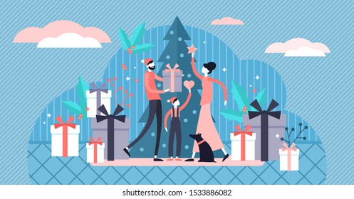 Flat tiny family Christmas vector illustration. Flat tiny winter holidays persons concept. Festive mood with tree decoration process and parents, child togetherness. Sincerely lovely traditional scene