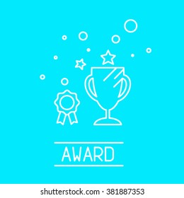 Flat tiny line design icon of award topic including winners cup, medals and medallion. It'll usefully for web and print. Award icon and logotype