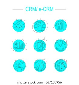 Flat tiny line design icons of Customer Relationship Management topic and e-CRM.Perfect for web, print, infographica or presentation. Core of crm, data base