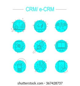 Flat Tiny Line Design Icons Of Customer Relationship Management Topic And E-CRM.Perfect For Web, Print, Infographica Or Presentation. Core Of Crm, Data Base