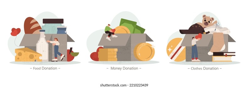 Flat Tiny People Collect Food Donation, Clothes, Money And Child Toys For Charity Or Humanitarian Aid. Volunteers Donate Products In Cardboard Boxes. Characters Help To Poor, Homeless Or Kids.