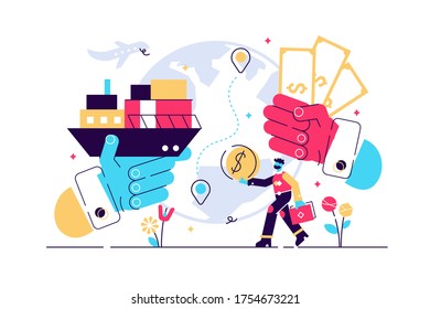Flat tiny person engaged in trade vector illustration.  Global financial deal and success concept. Abstract symbolic international economy export market visualization and company partnership cooperation management.