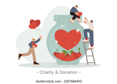 Flat tiny volunteers collecting red hearts in big jar for donation, charity or humanitarian aid. People making donate. Generous community characters help and support poor, homeless or elderly persons.