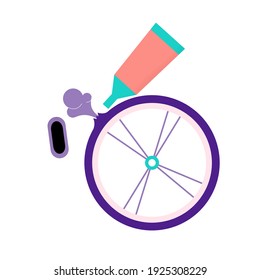 Flat tire bicycle wheel. Exploded. Glue and patch for hole. Vector flat illustration