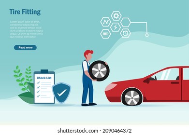 Flat Tire, Tire Fitting, Car Maintenance And Repair Service. Mechanician Fixing And Changing Flat Car Tire Wheel With Check Lists And Warranty Guard.