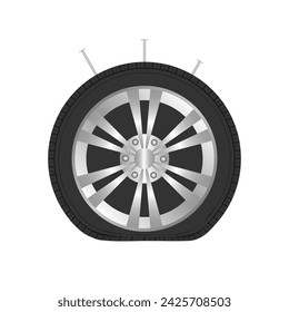 Flat Tire Icon Symbol or Punctured Wheel Vector Illustration. 