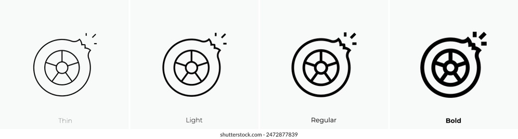 Icono de neumático pinchado. Diseño de estilo fino, ligero, regular y audaz aislado sobre fondo blanco
