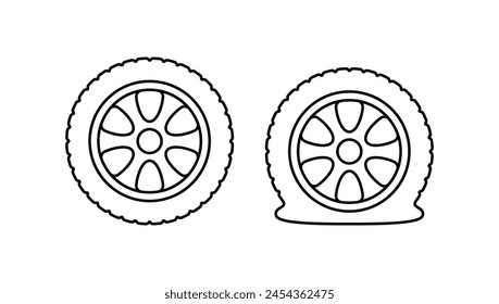 Flat tire line icon isolated on white background.