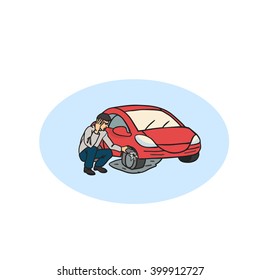 Flat tire on the road. Cartoon car with flat tire on the road and angry man.  Man having Car Trouble. Detail showing tire change.Car breaks down. vehicle recovery service concept