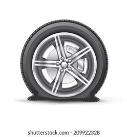 The flat tire on the white background