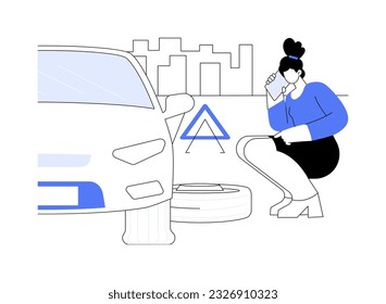 Flat tire problem abstract concept vector illustration. Woman with smartphone calls an insurance company worker, damaged personal transport, road accident, car breakdown abstract metaphor.