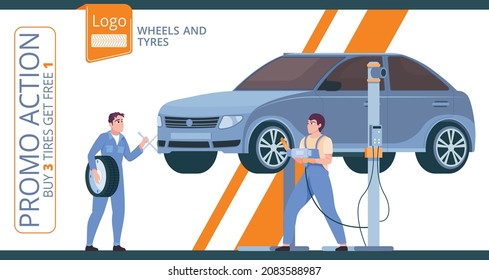 Flat tire service horizontal banner with two mechanics changing car tyres or wheels vector illustration