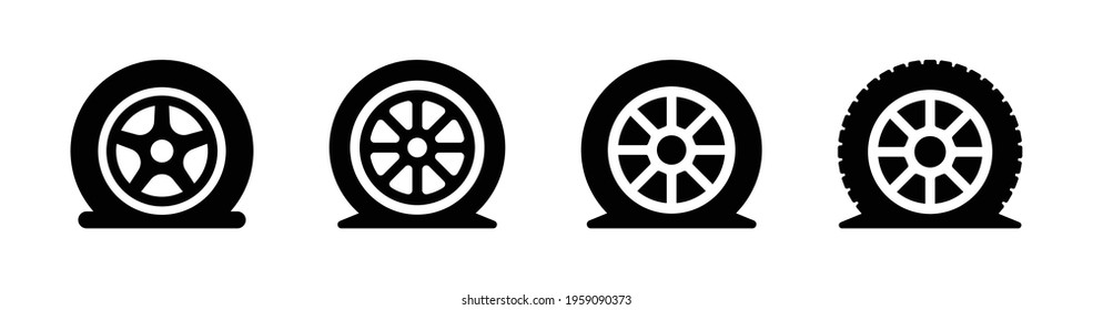 Flat tire set. Puncture wheel in isolated white background.