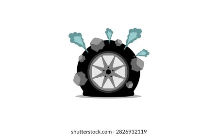 Flat tire vector illustration with sharp rocks and stones piercing the tread, smoke leaking from punctures, concept of off-road hazard, vehicle breakdown, car damage, and emergency auto service.
