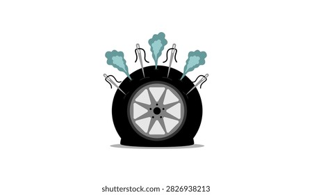 Flat tire vector illustration with sharp rocks and stones piercing the tread, smoke leaking from punctures, concept of off-road hazard, vehicle breakdown, car damage, and emergency auto service.