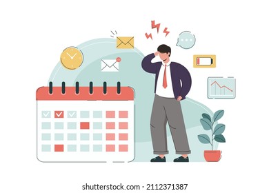 Flat tired employee worker with work problems, burnout and low battery level. Exhausted businessman overwork. Stressful job with deadline, multitasking. Fatigued office man with emotional tension.