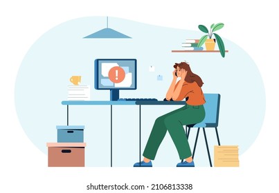 Flat Tired Exhausted Woman Office Worker At Computer Desk On Workplace. Woman With Low Energy Levels. Professional Burnout Syndrome. Concept Of Stress, Tiredness, Overworked Or Mental Health Problems.