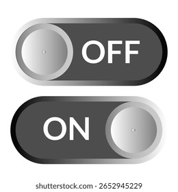 Ícone de alternância plana definido em tons de cinza, mostrando os estados LIGADO-DESLIGADO com controles deslizantes circulares. Ideal para configurações de interface do usuário, interfaces de aplicativos móveis, alternâncias de site e design de painel de controle digital em formato vetorial.