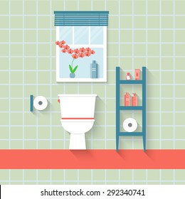 Flat Toilet With Window And Orchid. Vector Illustration