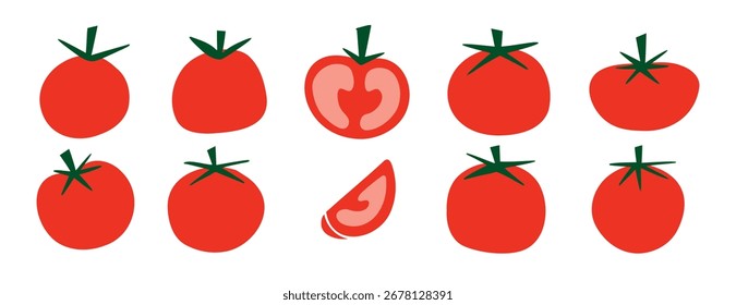 Conjunto de iconos de tomate plano, ilustraciones de tomate rojo con subgrupos verdes, Elementos de alimentos frescos. Ilustración vectorial
