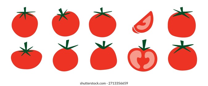 Conjunto de iconos de tomate plano, ilustraciones de tomate rojo con subgrupos verdes, Elementos de alimentos frescos. Ilustración vectorial