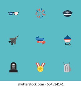 Flat Tomb, Hat, Spectacles And Other Vector Elements. Set Of Day Flat Symbols Also Includes Grave, Sparklers, Firework Objects.